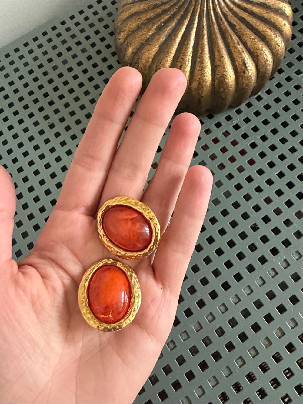 Gold-Tone Clip-On Earrings with Orange Domed Stones